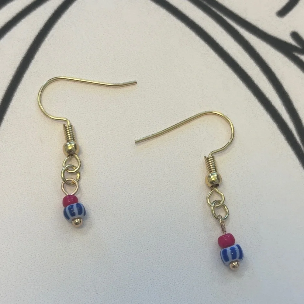 Hand Crafted Gold Earrings with Blue and Pink Beads - Picture 2 of 2
